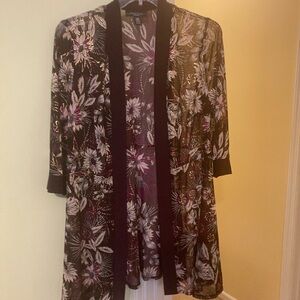 R&M Richards Jacket Cardigan Open FrontSize 14W Purple Floral Sheer 3/4 Sleeve